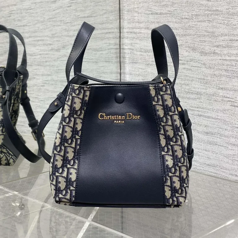 Dior Women Medium Signature Bucket Bag Blue Dior Oblique Jacquard and Smooth Calfskin