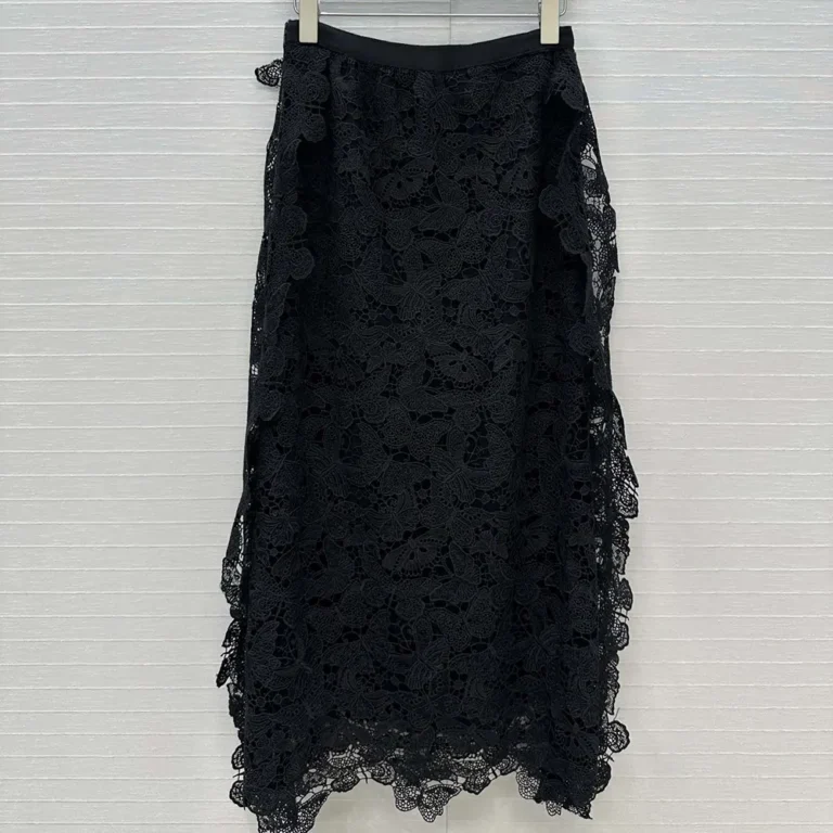 Dior Women Mid-Length Skirt Black Cotton-Blend Lace with Allover Butterfly Motif