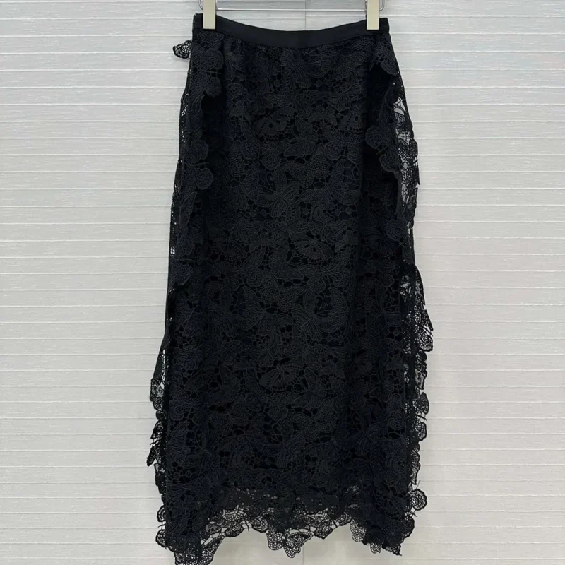 Dior Women Mid-Length Skirt Black Cotton-Blend Lace with Allover Butterfly Motif