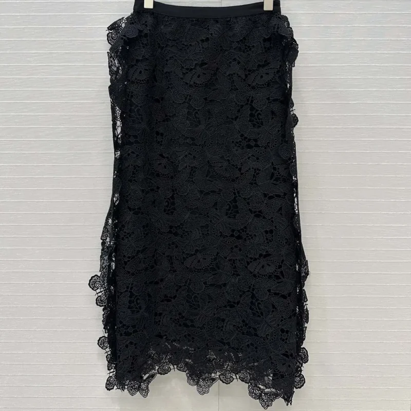 Dior Women Mid-Length Skirt Black Cotton-Blend Lace with Allover Butterfly Motif
