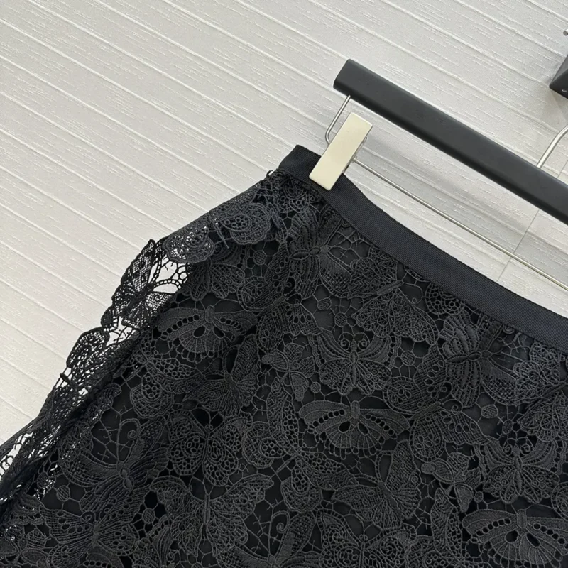 Dior Women Mid-Length Skirt Black Cotton-Blend Lace with Allover Butterfly Motif