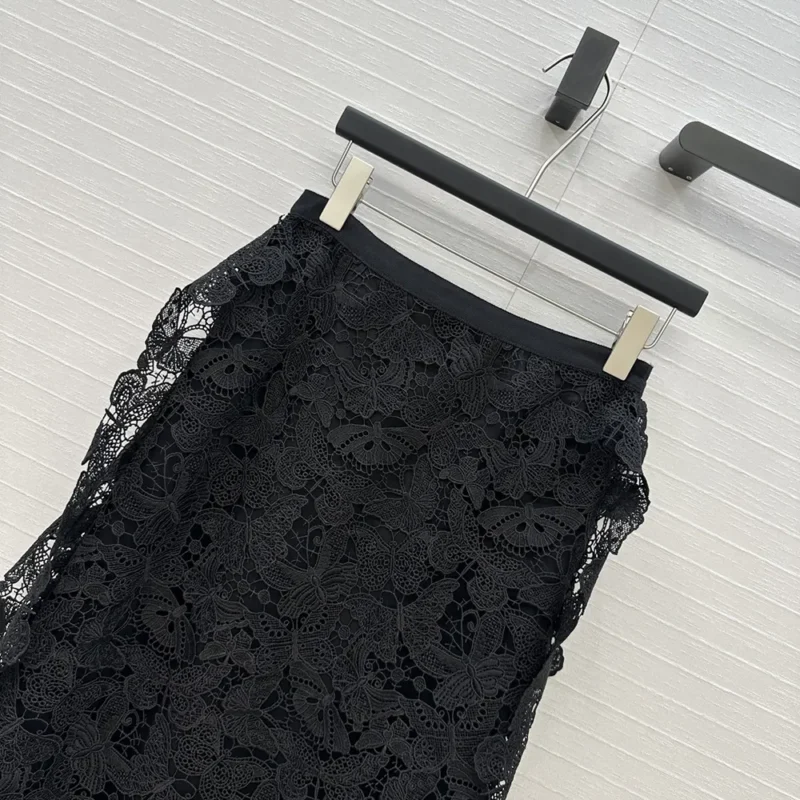Dior Women Mid-Length Skirt Black Cotton-Blend Lace with Allover Butterfly Motif