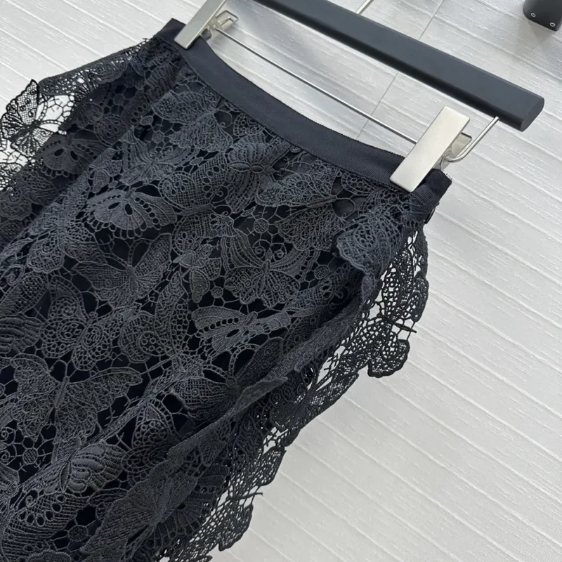 Dior Women Mid-Length Skirt Black Cotton-Blend Lace with Allover Butterfly Motif