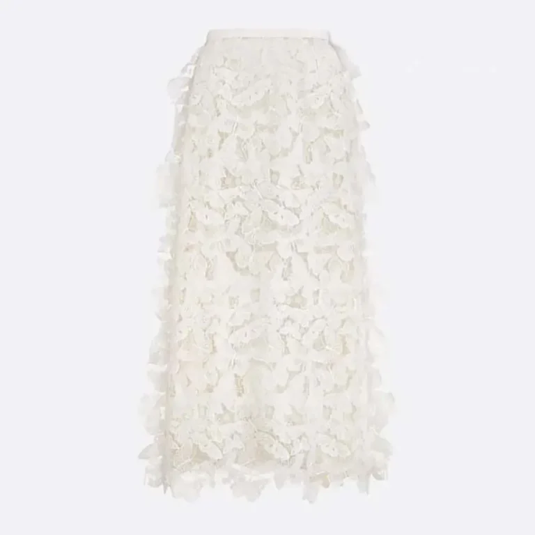 Dior Women Mid-Length Skirt Ecru Cotton-Blend Lace with Allover Butterfly Motif