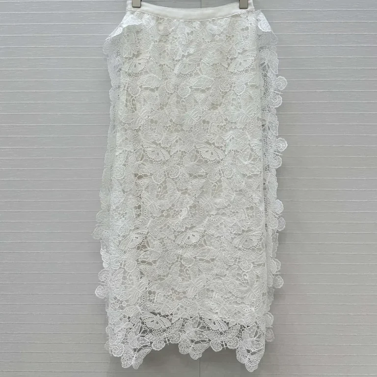 Dior Women Mid-Length Skirt Ecru Cotton-Blend Lace with Allover Butterfly Motif