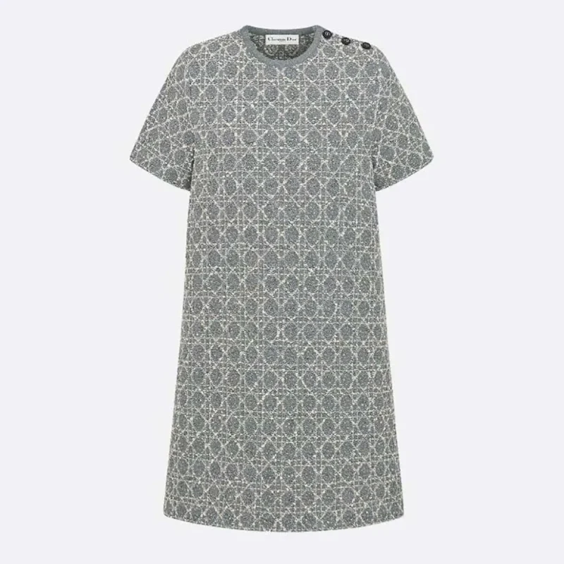 Dior Women Short Macrocannage Dress Gray Cotton-Blend Tweed Knit