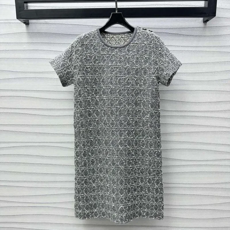 Dior Women Short Macrocannage Dress Gray Cotton-Blend Tweed Knit