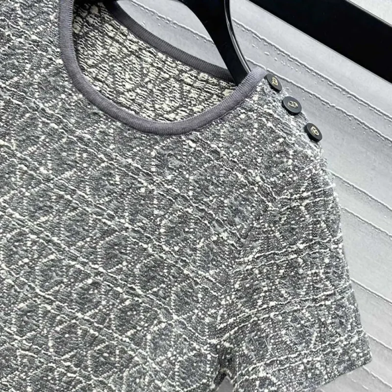 Dior Women Short Macrocannage Dress Gray Cotton-Blend Tweed Knit