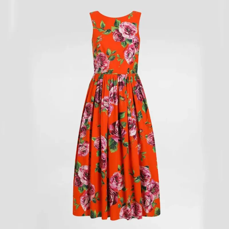 Dolce Gabbana D&G Women Cotton Calf-length Babydoll Dress with Rose Print