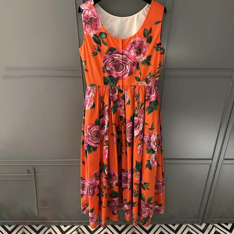 Dolce Gabbana D&G Women Cotton Calf-length Babydoll Dress with Rose Print