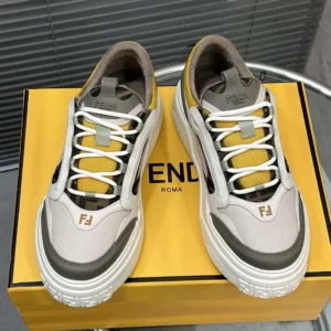 Fendi Unisex Fendi Force Sneakers White Brown and Yellow Leather Low-tops