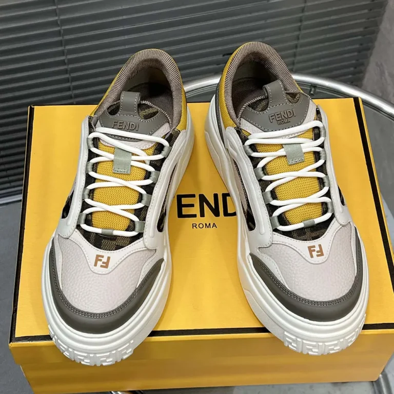 Fendi Unisex Fendi Force Sneakers White Brown and Yellow Leather Low-tops