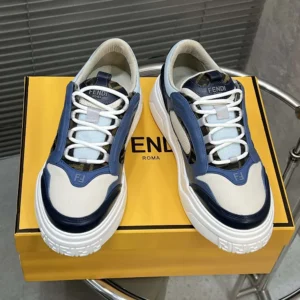 Fendi Unisex Force Sneakers White Light Blue and Blue Leather Low-tops