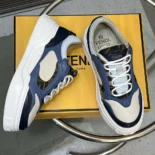 Fendi Unisex Force Sneakers White Light Blue and Blue Leather Low-tops