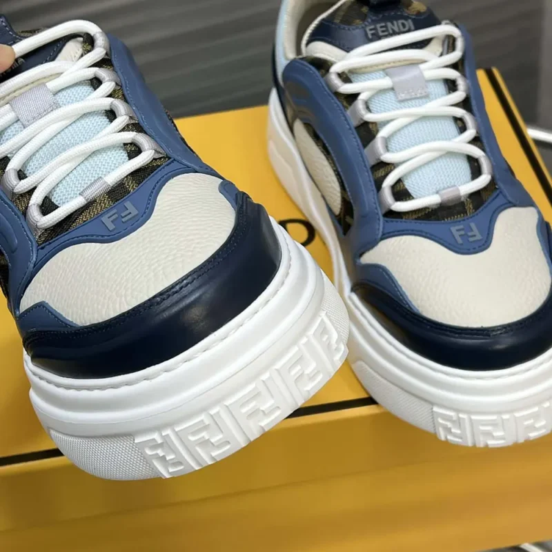 Fendi Unisex Force Sneakers White Light Blue and Blue Leather Low-tops