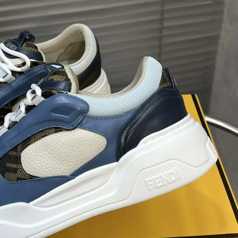 Fendi Unisex Force Sneakers White Light Blue and Blue Leather Low-tops