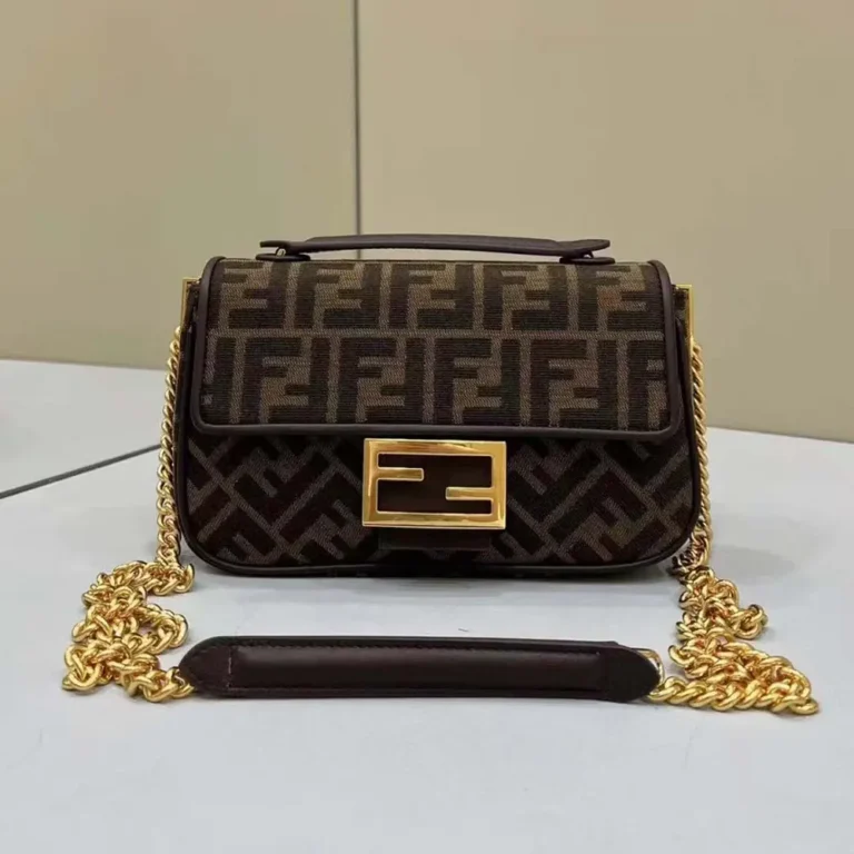 Fendi Women Baguette Chain MidiBrown FF Jacquard Fabric Bag