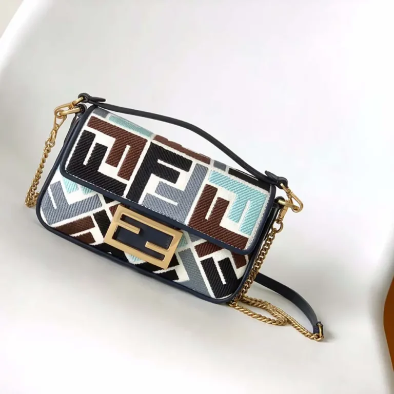 Fendi Women Baguette Mini Canvas Bag with Multicolor FF Embroidery