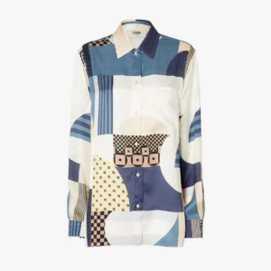 Fendi Women Blue Silk Shirt with Patchwork Print FS8274AUQMF1SAT