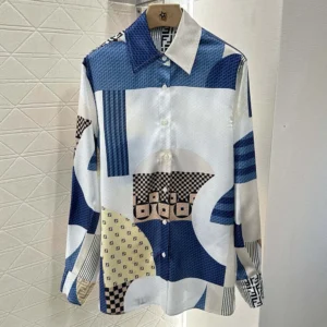 Fendi Women Blue Silk Shirt with Patchwork Print FS8274AUQMF1SAT