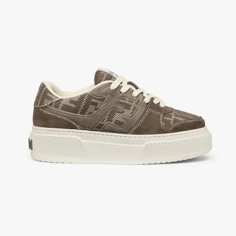 Fendi Women Match Brown Denim-effect FF Jacquard and Suede Platform Low Tops
