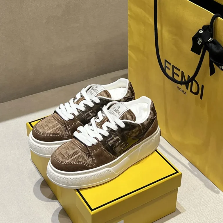 Fendi Women Match Brown Denim-effect FF Jacquard and Suede Platform Low Tops