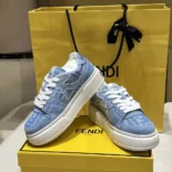 Fendi Women Match Denim-effect FF Jacquard and Light Blue Suede Platform Low Tops