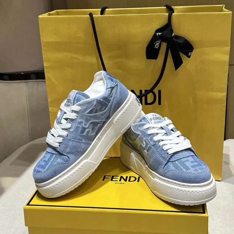 Fendi Women Match Denim-effect FF Jacquard and Light Blue Suede Platform Low Tops