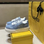 Fendi Women Match Denim-effect FF Jacquard and Light Blue Suede Platform Low Tops