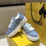 Fendi Women Match Denim-effect FF Jacquard and Light Blue Suede Platform Low Tops