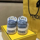 Fendi Women Match Denim-effect FF Jacquard and Light Blue Suede Platform Low Tops