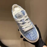 Fendi Women Match Denim-effect FF Jacquard and Light Blue Suede Platform Low Tops