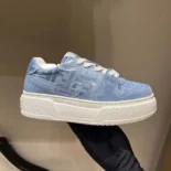 Fendi Women Match Denim-effect FF Jacquard and Light Blue Suede Platform Low Tops