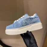 Fendi Women Match Denim-effect FF Jacquard and Light Blue Suede Platform Low Tops