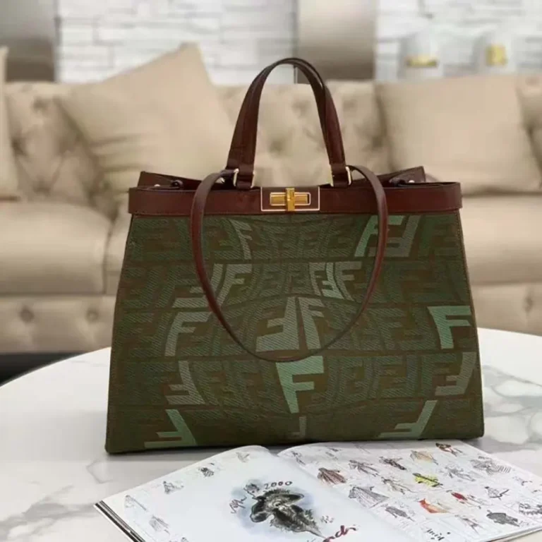 Fendi Women Peekaboo X-Tote Embroidered Green Canvas Bag