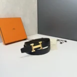 Hermes Unisex H Belt Buckle & Reversible Leather Strap 32 mm-Black/Gold
