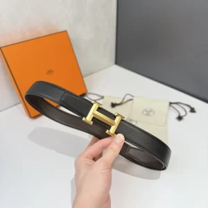 Hermes Unisex H Belt Buckle & Reversible Leather Strap 32 mm-Black/Gold