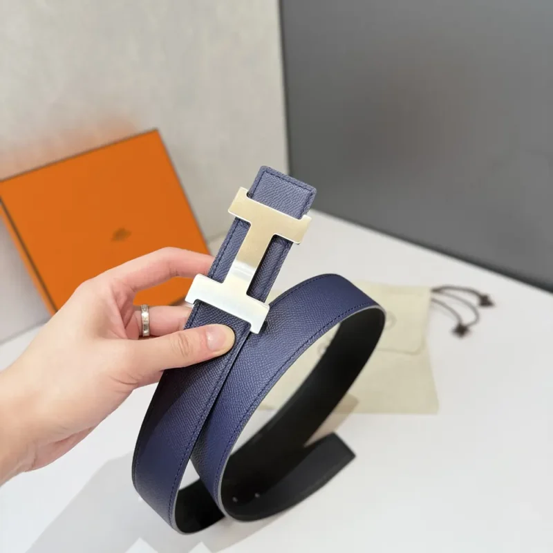Hermes Unisex H Belt Buckle & Reversible Leather Strap 32 mm-Black/Navy