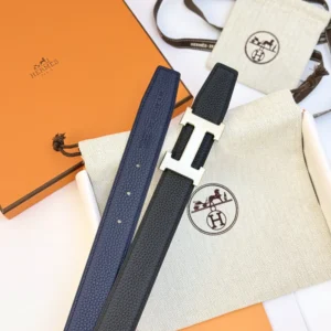 Hermes Unisex H Belt Buckle & Reversible Leather Strap 32 mm-Black/Navy