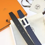 Hermes Unisex H Belt Buckle & Reversible Leather Strap 32 mm-Black/Navy