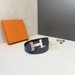 Hermes Unisex H Belt Buckle & Reversible Leather Strap 32 mm-Black/Navy