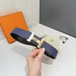 Hermes Unisex H Belt Buckle & Reversible Leather Strap 32 mm-Black/Navy
