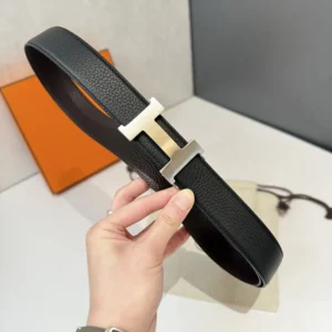 Hermes Unisex H Belt Buckle & Reversible Leather Strap 32 mm-Black/Silver