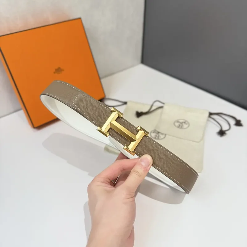 Hermes Unisex H Belt Buckle & Reversible Leather Strap 32 mm-White/Gray