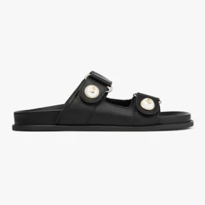 Jimmy Choo Women Fayence Sandal Black Leather Flat Sandals with Pearl Embellishment