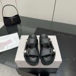 Jimmy Choo Women Fayence Sandal Black Leather Flat Sandals with Pearl Embellishment