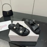 Jimmy Choo Women Fayence Sandal Black Leather Flat Sandals with Pearl Embellishment