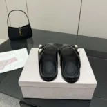 Jimmy Choo Women Fayence Sandal Black Leather Flat Sandals with Pearl Embellishment
