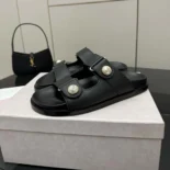 Jimmy Choo Women Fayence Sandal Black Leather Flat Sandals with Pearl Embellishment