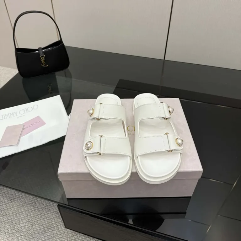 Jimmy Choo Women Fayence Sandal Latte Leather Flat Sandals with Pearl Embellishment